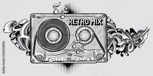 Retro mix - black and white funky drawn audio cassette with graffiti 