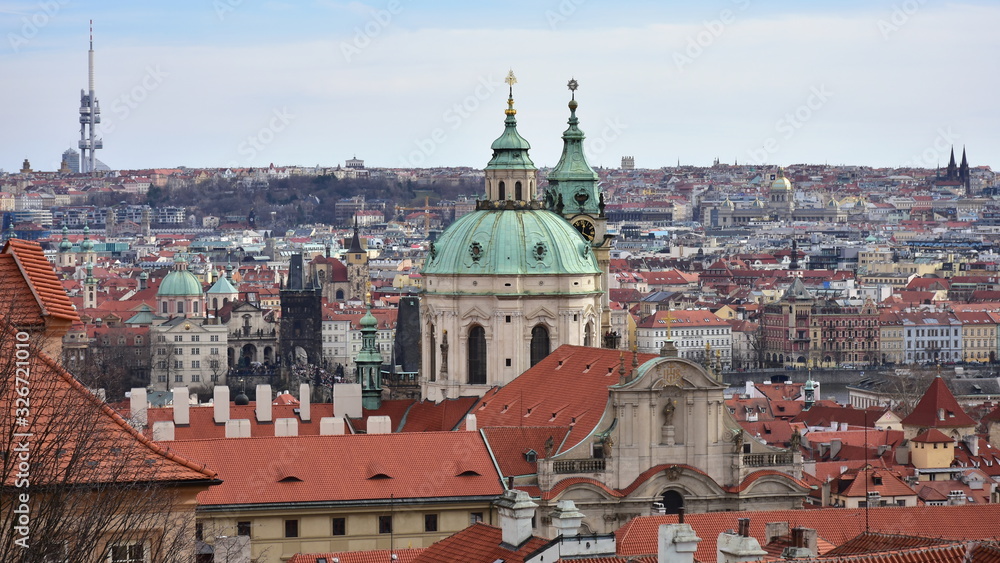 Prague panorama with Church of Saint Nicholas  in the Lesser Town of Prague