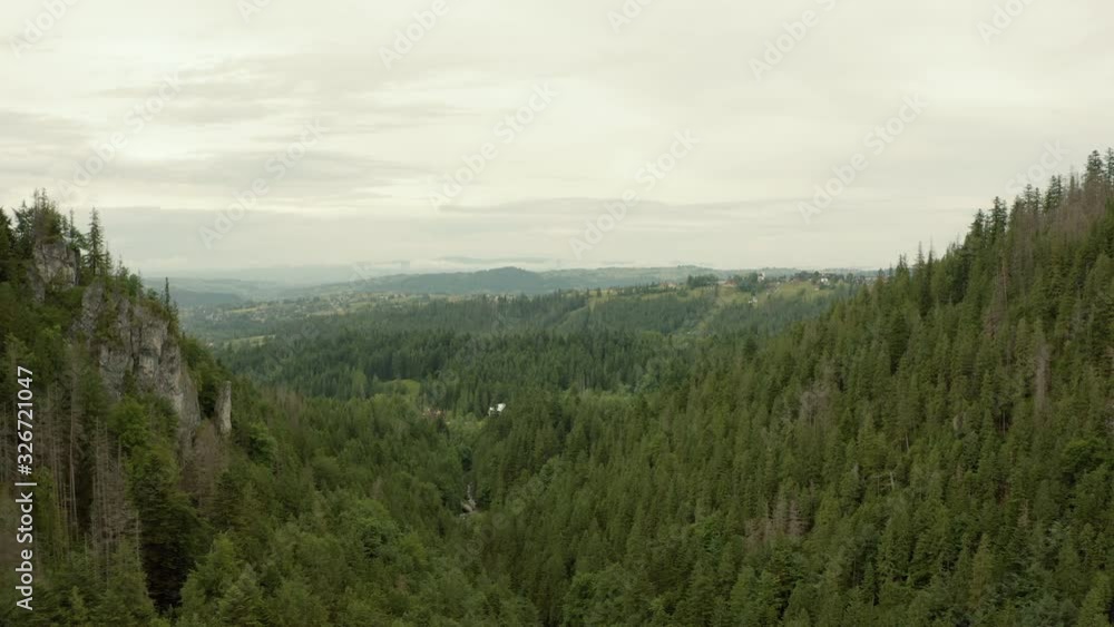 Aerial view of beautiful mountains with green trees and mountain river in cloudy weather. View of coniferous trees and hills on a cloudy evening. Drone flight over coniferous forest. Aerial view of beautiful mountains with green trees and mountain river in cloudy weather. View of coniferous trees and hills on a cloudy evening. Drone flight over coniferous forest.