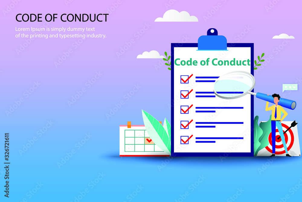 Business concept of code of conduct, businessman holding a big magnifier and standing near a big list of code of conduct in pastel color background.