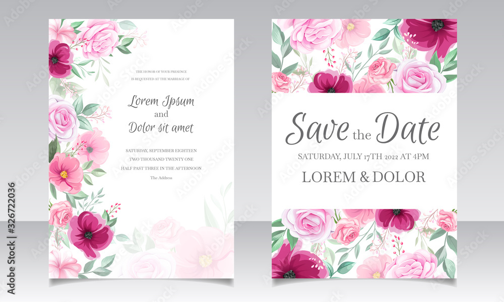 Romantic wedding invitation card template set with rose, cosmos flowers, and leaves