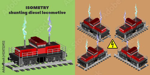 3D isometric shunting four-axle railway diesel locomotive in several projections EPS10