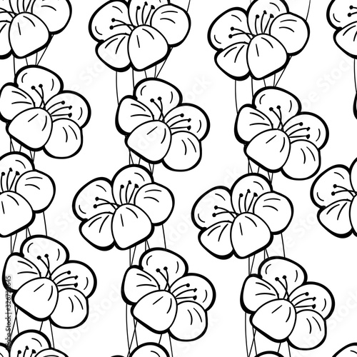 Vintage seamless floral pattern. Spring flowers and herbs. Botanical vector illustration. Engraving. Black and white on yellow background.