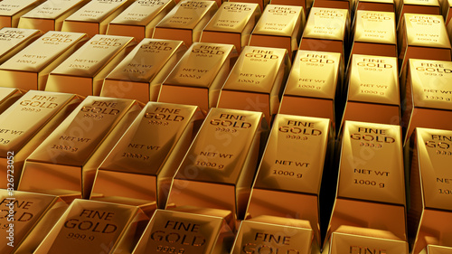 Close-up 3D animation view of fine gold bars.