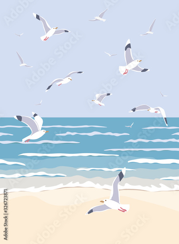Nature Background with Sea, Waves, Beach and Flying Seagulls.