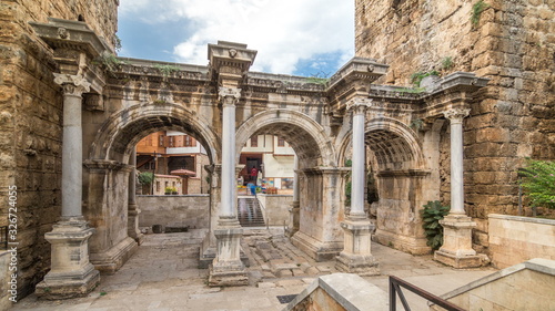 View of Hadrian's Gate in old city of Antalya timelapse , Turkey