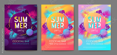 Set of colorful summer tropical gradient backgrounds with geometric elements. Summer disco party poster. Summertime template collection.
