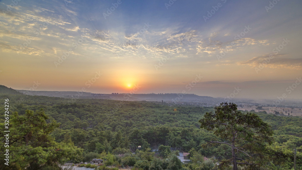A bird's eye view of sunrise over Antalya timelapse. Turkey.