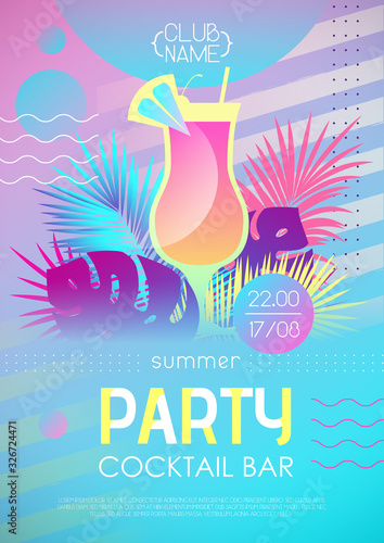 Summer disco cocktail party poster with tropic plants and geometric elements. Summertime template