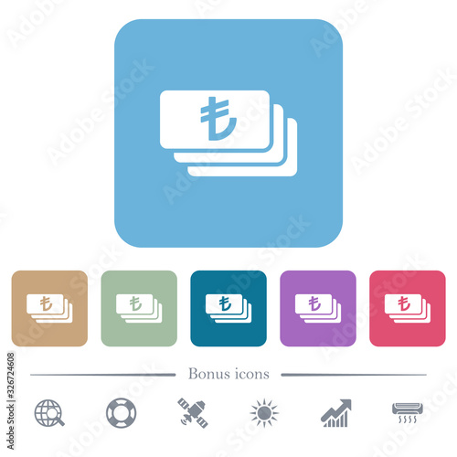 Turkish Lira banknotes flat icons on color rounded square backgrounds