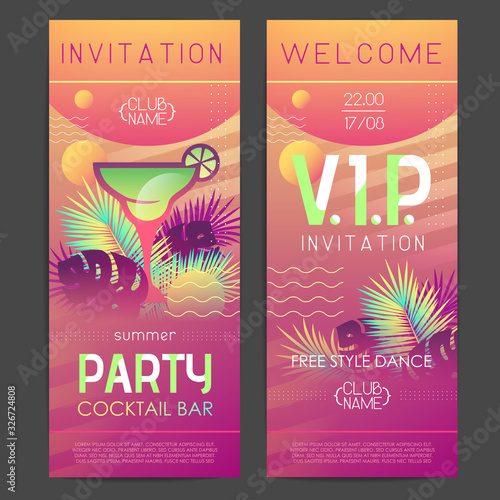Summer disco cocktail party poster with tropic plants and geometric elements. Summertime template. Invitation design