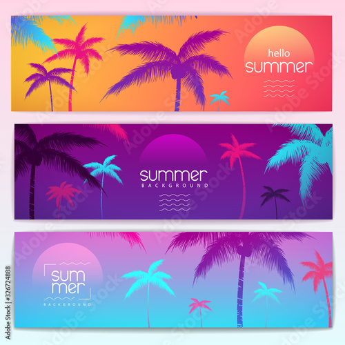 Set of colorful summer tropical gradient banners with fluorescent tropic plants. Summertime template collection.