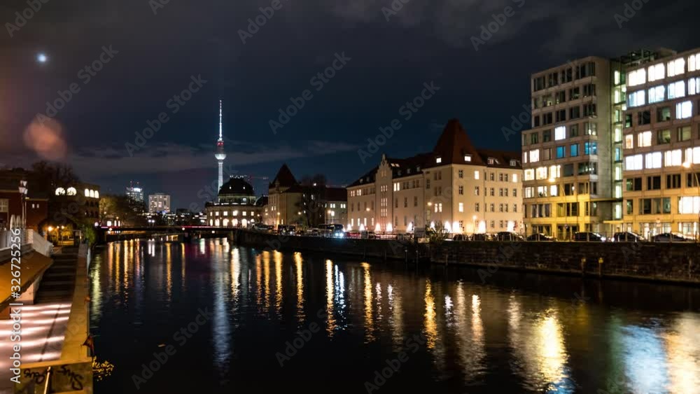 Berlin city 4K timelapse. View of Museum Island with famous TV tower and Spree river in center of Berlin at night. Berlin city 4K timelapse. View of Museum Island with famous TV tower and Spree river in center of Berlin at night.