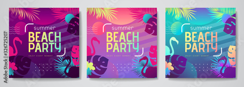Set of colorful summer tropical gradient backgrounds with fluorescent tropic leaves. Summer disco beach party poster. Summertime template collection.