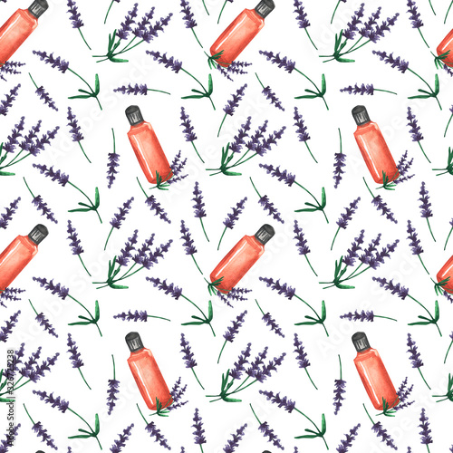 Floral aromatherapy seamless pattern. Colorful  pattern with levender flowers and essential oil on a white background, drawing watercolor. Fabric wallpaper print texture. photo