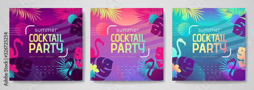 Set of colorful summer tropical gradient backgrounds with fluorescent tropic leaves. Summer disco cocktail party poster. Summertime template collection.