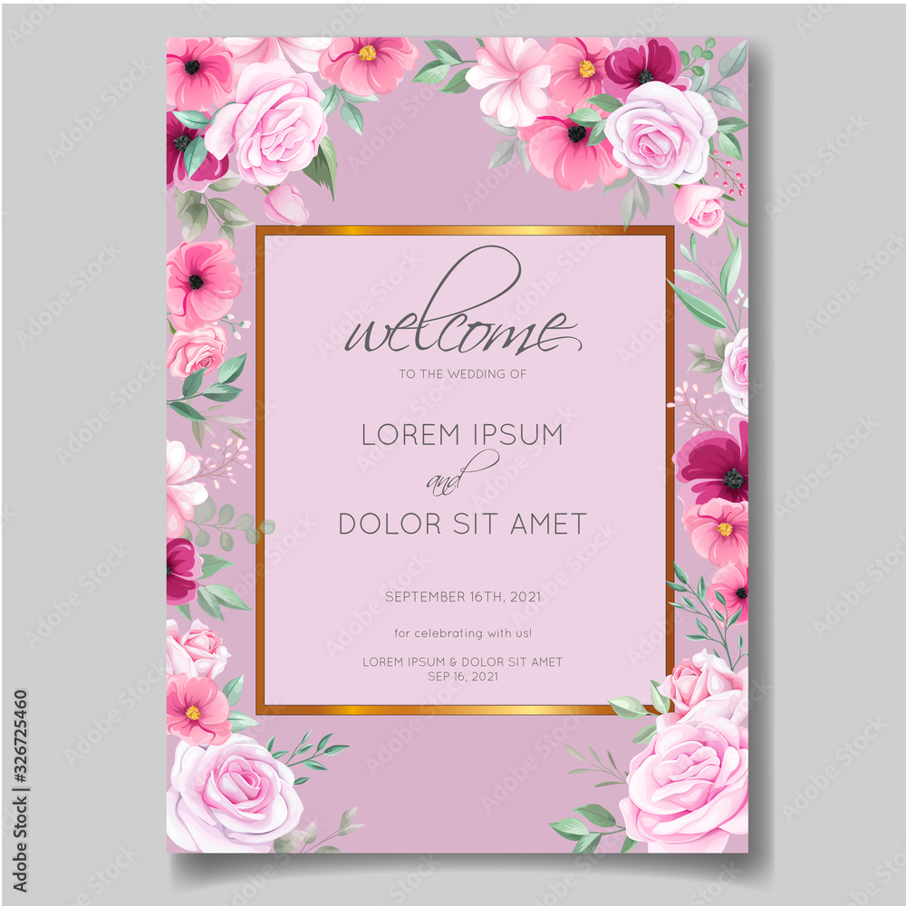 Fototapeta Romantic wedding invitation card template set with rose, cosmos flowers, and leaves