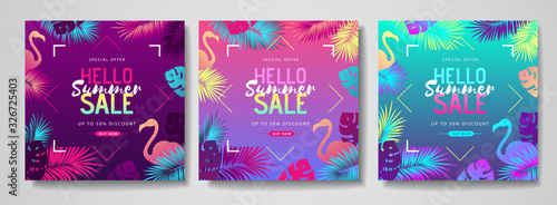 Set of colorful summer big sale tropical gradient banners with fluorescent tropic leaves. Summertime template collection.