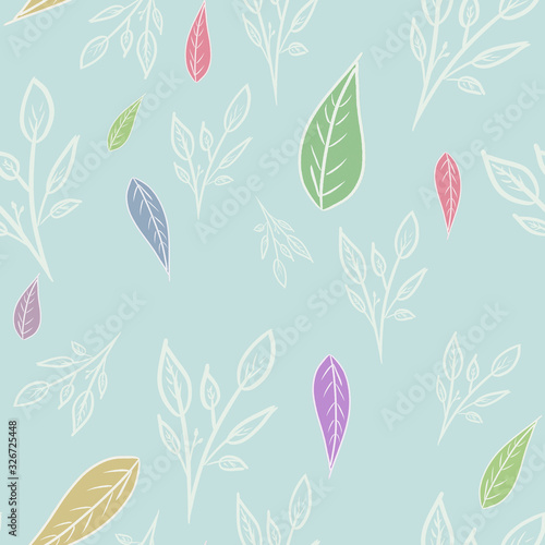 seamless pattern with multicolored leaves and white branches on light blue background. Outline, doodle. Sprint/summer pattern. Print, packaging, wallpaper, textile, wedding design