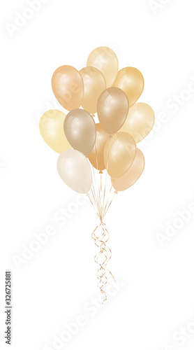 Festive background with beautiful bouquets of balloons. Realistic decorative elements with gold ribbons on white background. Elements for design. Vector illustration