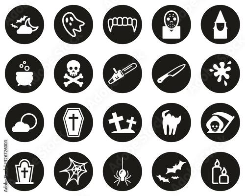 Horror Or Scary Icons White On Black Flat Design Circle Set Big