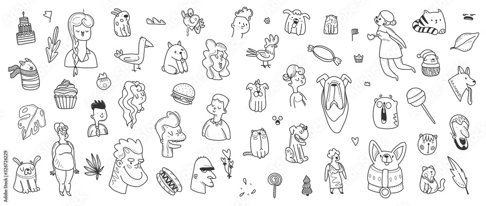 Patch doodle illustration. Set of cartoon characters, animals and people.