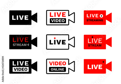 Video camera stream stickers. Cartoon video view icons, set of camcorder signs flat minimalism style with text video streaming online live. Vector illustration