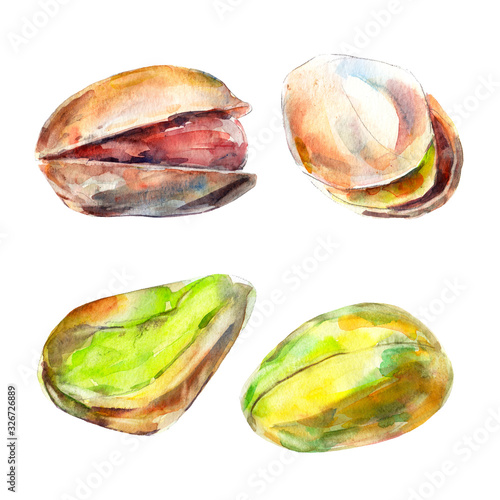 Pistachios nuts hand drawn watercolor illustration set. Element for design of  packing, goods, food. Isolated object on white background.