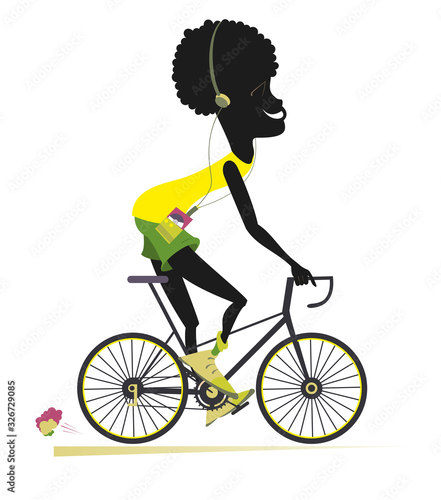Smiling African man rides a bike isolated illustration. Comic cartoon African man rides a bike and listens music on player using headphones isolated on white Smiling African man rides a bike isolated illustration. Comic cartoon African man rides a bike and listens music on player using headphones isolated on white