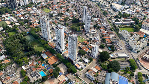 Aerial view of residential buildings and green areas with native trees in Goiania  Goias  Brazil