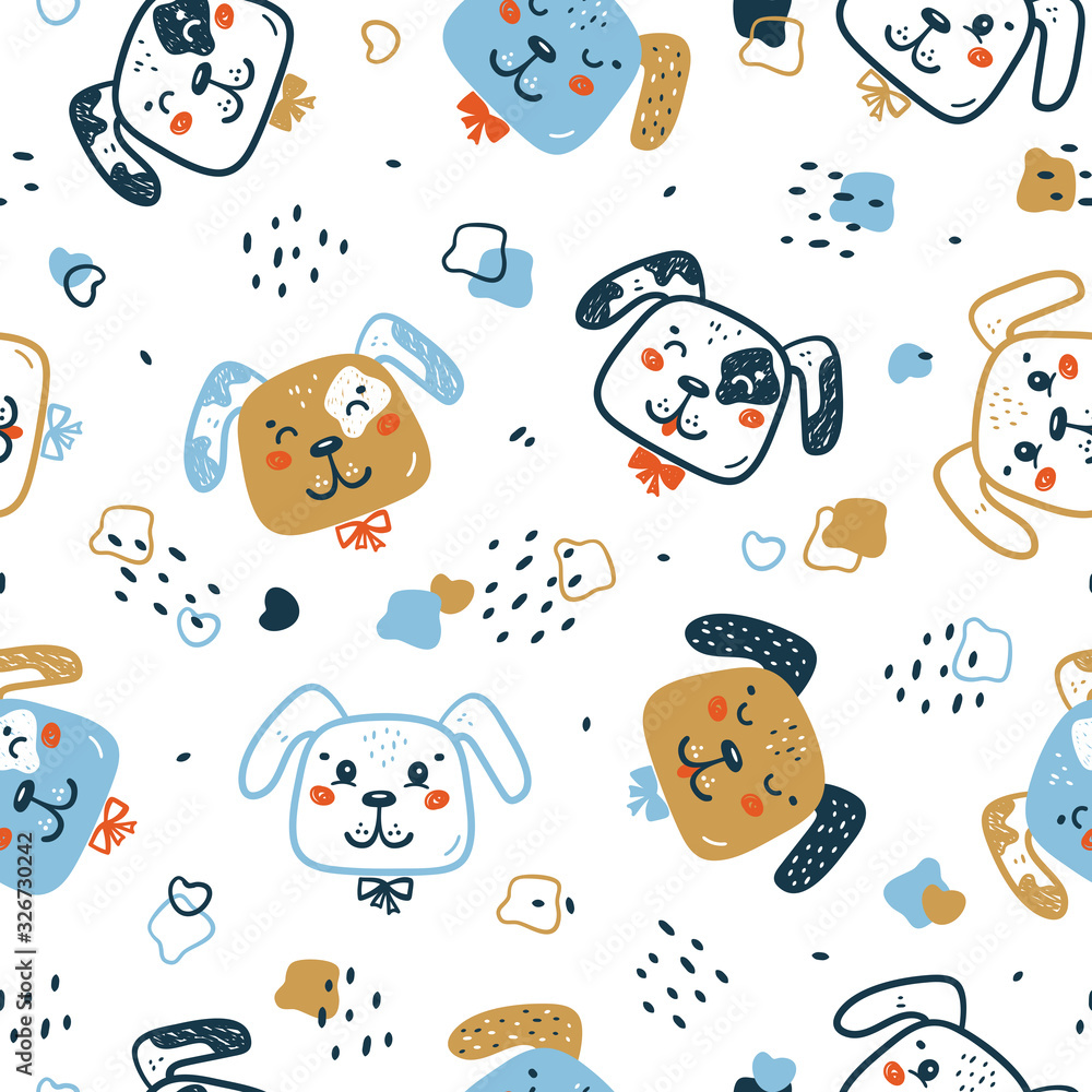 Childish Seamless Vector Pattern with Happy Cute Dog Faces and Spots. Doodle Cartoon Funny Puppies Background for Kids. Wallpaper with Pet Animals for Baby Fashion, Nursery Design Childish Seamless Vector Pattern with Happy Cute Dog Faces and Spots. Doodle Cartoon Funny Puppies Background for Kids. Wallpaper with Pet Animals for Baby Fashion, Nursery Design