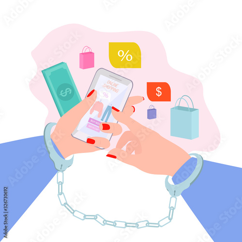 Dependence on smartphones, social networks and online shopping. Hand in handcuffs locked to the phone. Bad habits. Shopaholism, the passion of spending money. Dependence on purchases. 