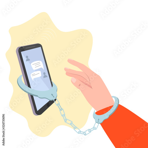 Dependence on smartphone and social networks. Hand in handcuffs fastened to the phone. Bad habits. Nomophobia, Fear of being isolated from the outside world. Lack of freedom. Vector illustration.