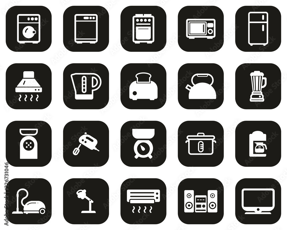 Household Appliances Or Electric Appliances Icons White On Black Flat Design Set Big Household Appliances Or Electric Appliances Icons White On Black Flat Design Set Big