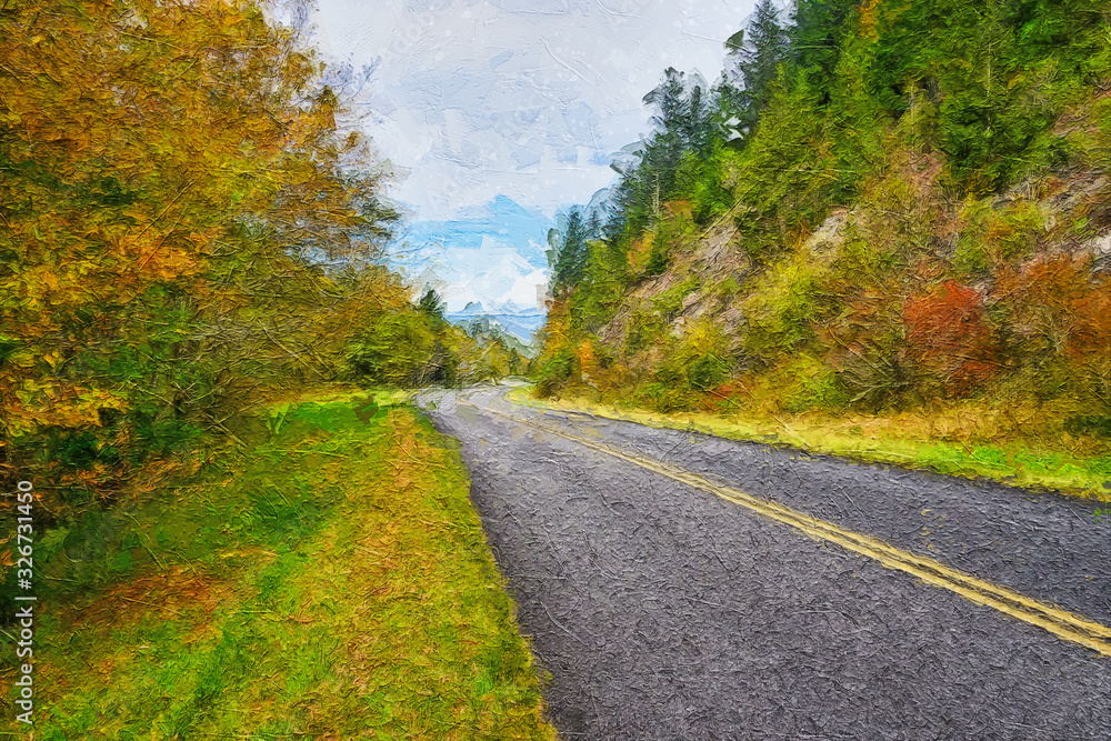 Impressionistic Style Artwork of Roadway Meandering Through the Autumn Appalachian Mountains Along the Blue Ridge Parkway