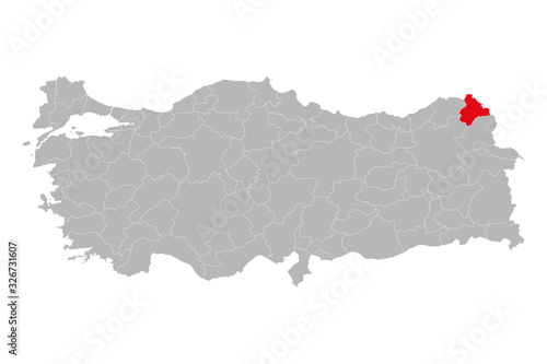Ardahan province marked red color on turkey map vector. Gray background.