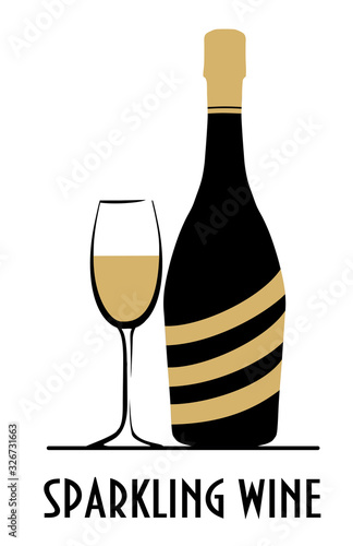 WINE LOGO LABEL BLACK AND WHITE WINE BOTTLE AND GLASS