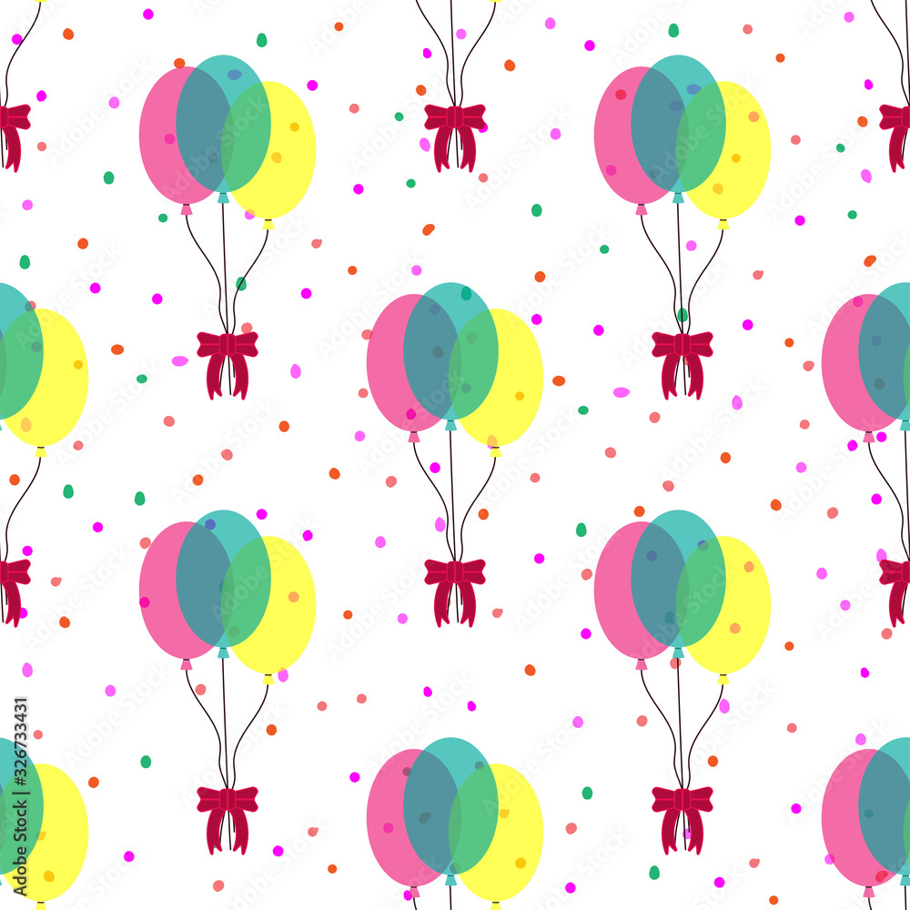 Festive seamless pattern with knitted bow balloons on confetti background. Polka dot print. Colorful vector illustration.