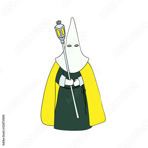 Foto Spanish Passion Week's penitent wearing traditional clothes: pointed hat, robe and cape while holding a lamp in his hands