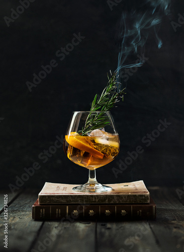 Cognac with smoking branch of lavender