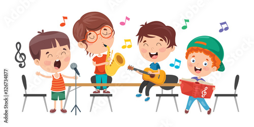 Little Children Playing Music At Classroom