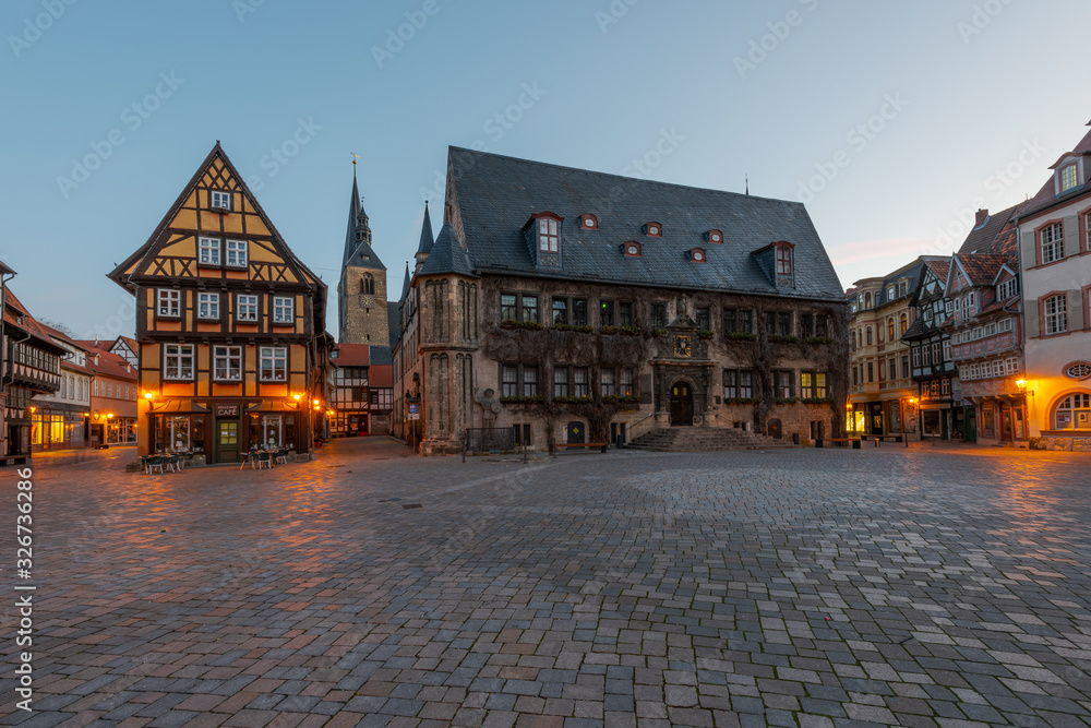 Town hall square of Quedlinburg, Germany in the early morning