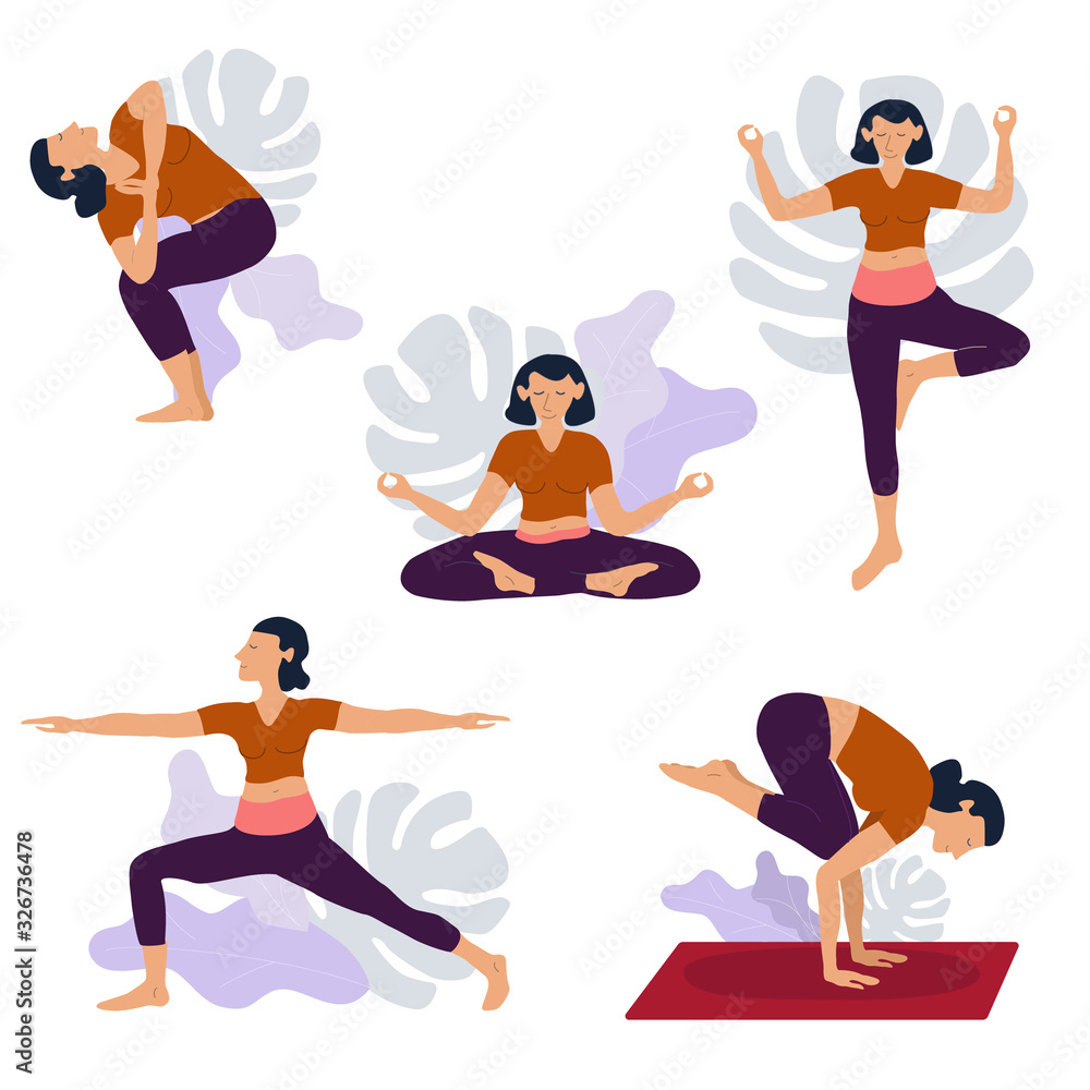 Yoga girl exersices and body health poses training set cartoon vector illustration. Yoga girl exersices and body health poses training set cartoon vector illustration.
