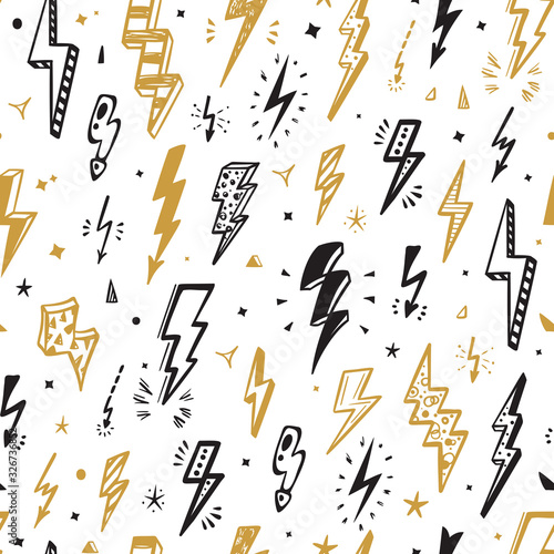 Vector Lightning Bolts Signs Seamless Pattern. Repeating Background with Hand Drawn Doodle Thunderbolts. Thunder bolt wallpaper