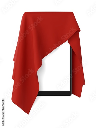 Red fabric covering a blank tablet pad gadget, vector illustration