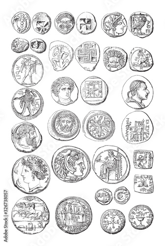 Old coin collection - roman period / vintage illustration from Brockhaus Konversations-Lexikon 1908