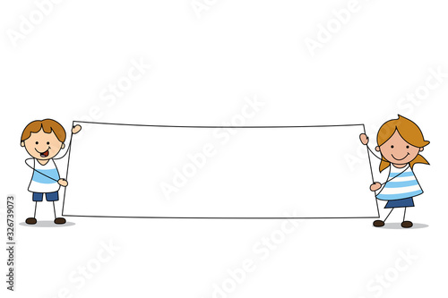 kids holding blank sign  illustration - boy and girl holds empty sign