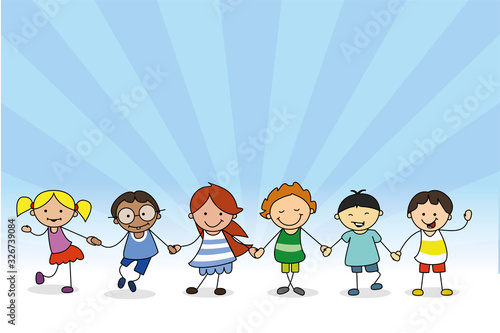 happy children holding hands, kids illustration of boys and girls  playing