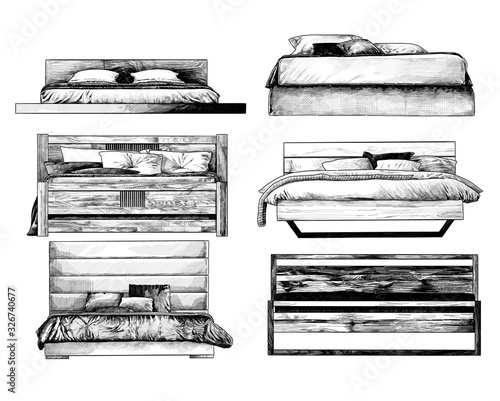bed set front view in loft style, sketch vector graphics isolated monochrome illustrations