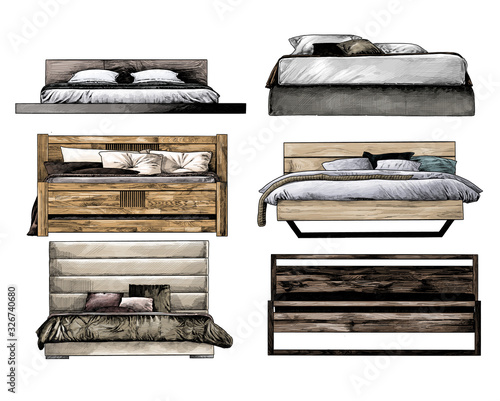 set of beds front view in loft style, sketch vector graphics isolated color illustrations